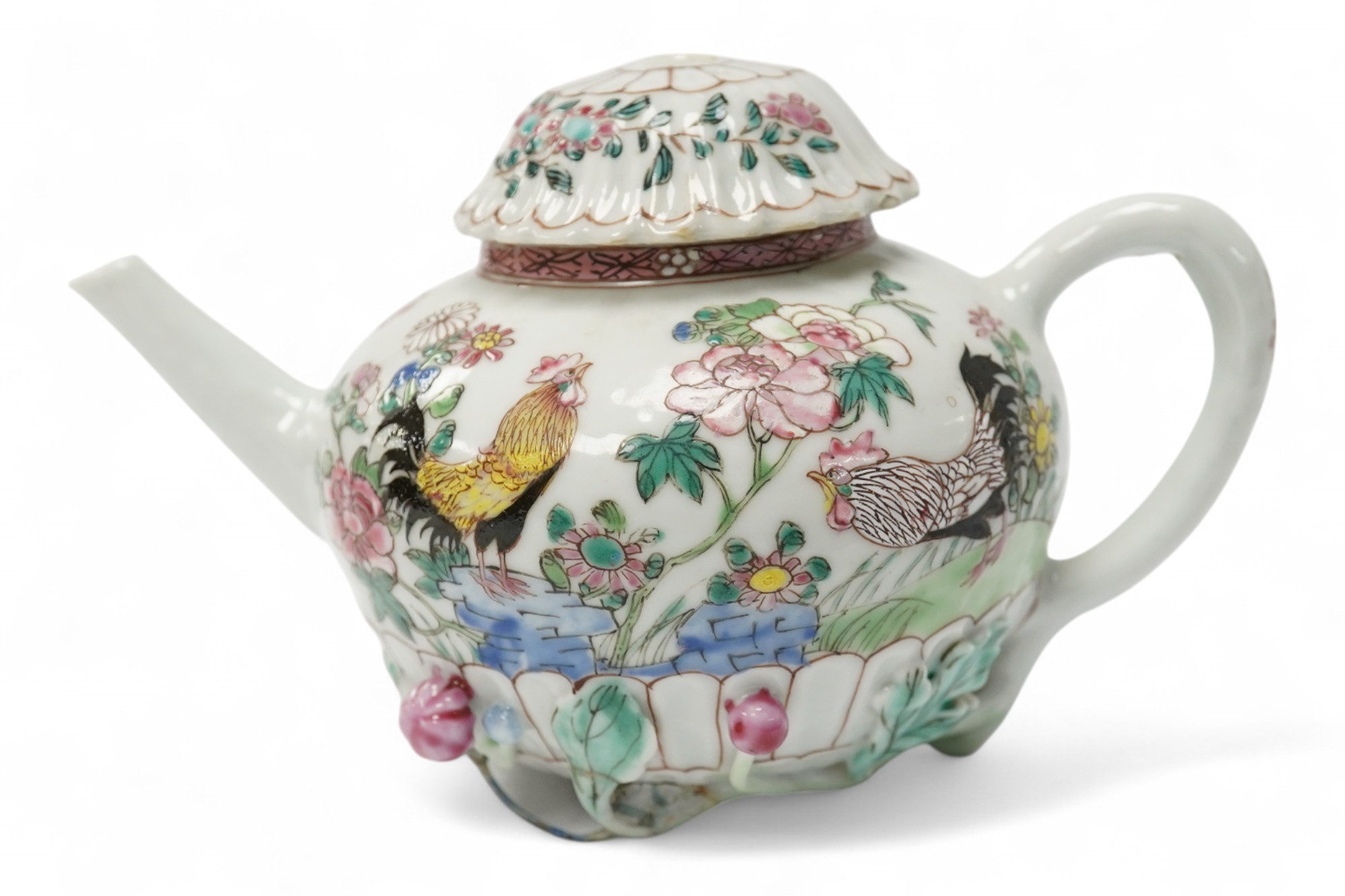 A Chinese famille rose chrysanthemum moulded teapot, early Qianlong period, painted with a cockerel amongst flowers, on a cage work base, 10cm high. Condition - restored